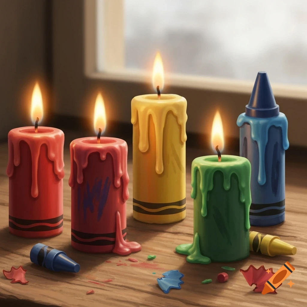 Colorful crayon-shaped candles lit and melting on a wooden surface, with scattered broken crayon pieces.
