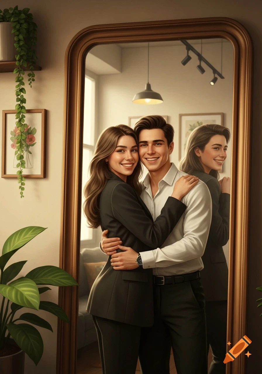 A smiling couple embracing in front of a large mirror in a cozy, plant-decorated room.