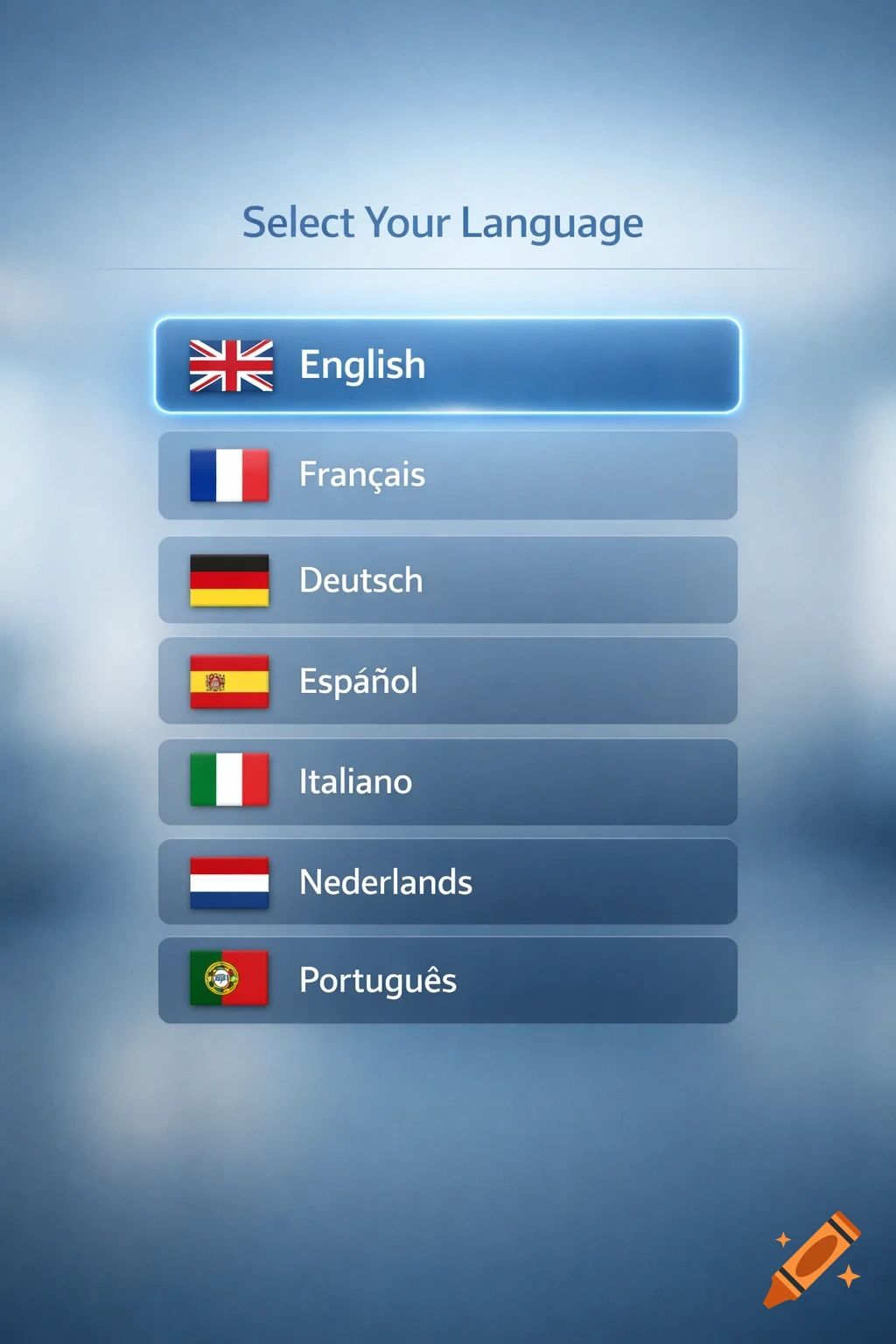 A digital screen showing a language selection menu with flags for English, French, German, Spanish, Italian, Dutch, and Portuguese.