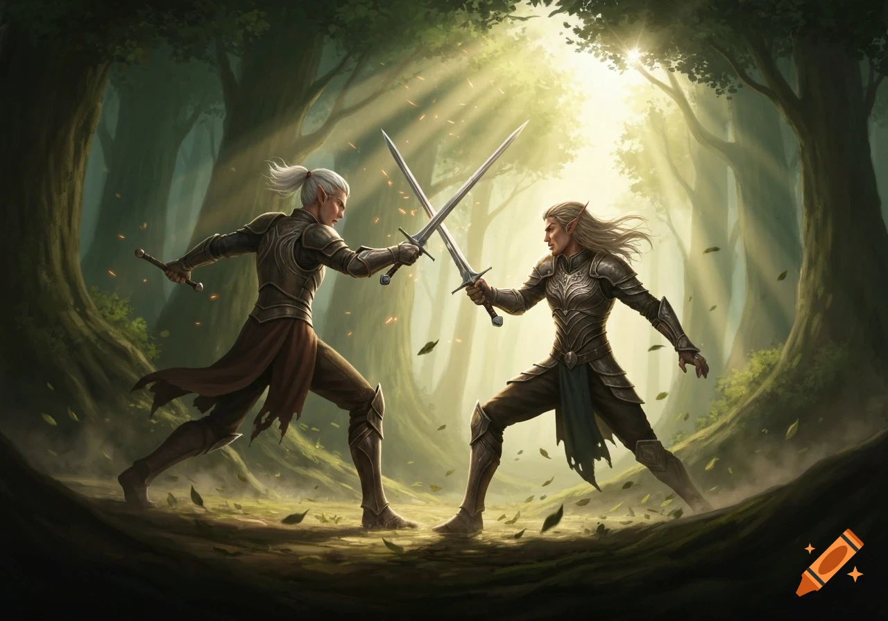 Two elves in detailed armor duel with swords in a sun-dappled forest