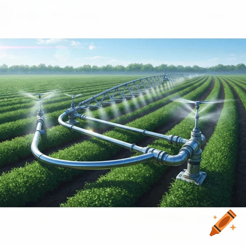 Photorealistic image of a pivot irrigation system watering rows of green crops under a blue sky.
