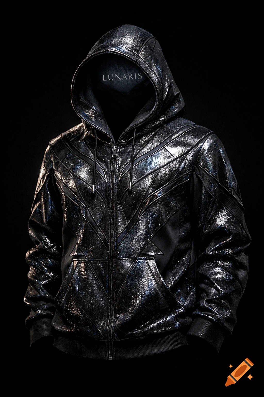 Close-up of a shimmering black futuristic zip-up hoodie with geometric patterns and 'LUNARIS' printed inside the hood.