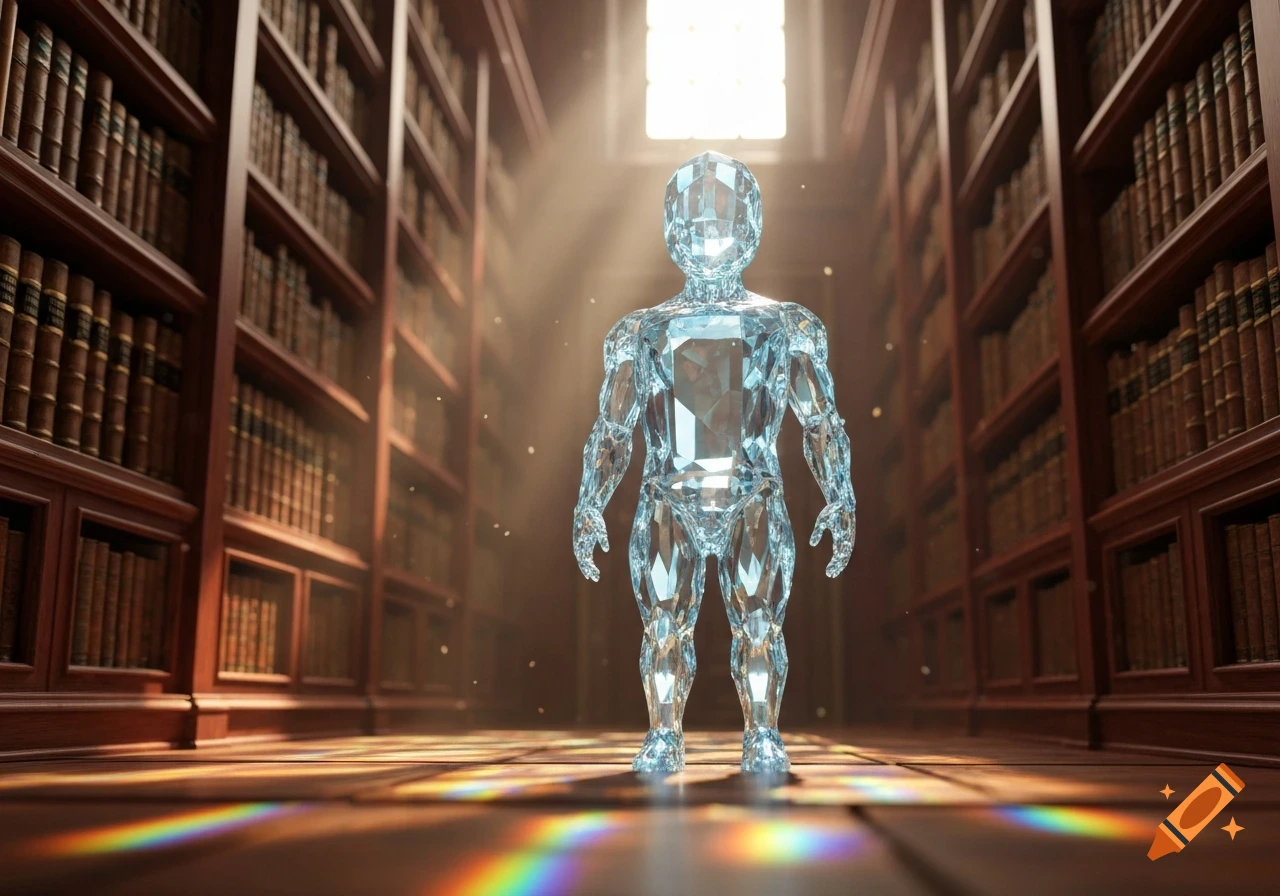 A faceted crystal humanoid stands in the center of a grand library with tall wooden bookshelves, illuminated by light from a window that creates rainbow refractions on the floor.