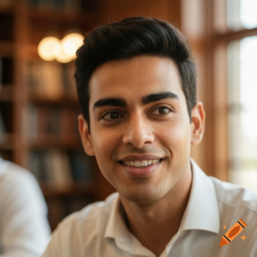 A smiling young man in a white shirt looks at the camera in a photorealistic portrait set in a library.