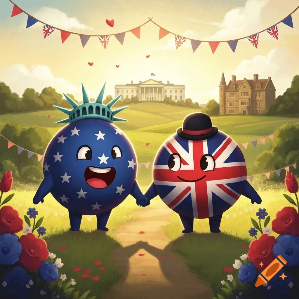 Cartoon US and UK countryballs holding hands in a field with the White House and a manor house in the background, under flag bunting.