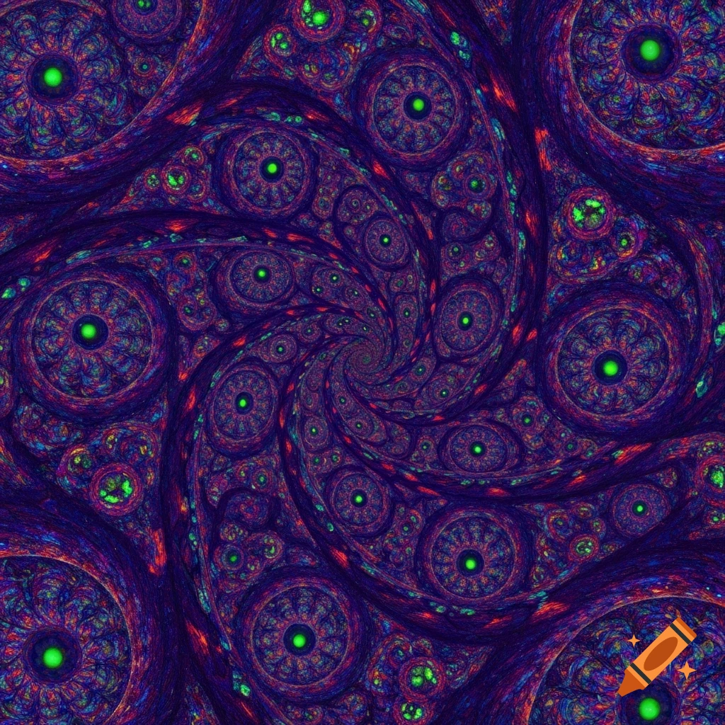 An intricate fractal pattern featuring swirling lines and eye-like shapes in deep purple, blue, green, and red.