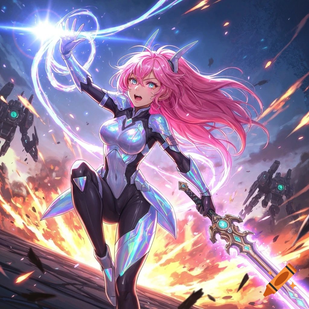 Anime warrior girl with pink hair, in a futuristic suit, casting a glowing spell and holding a sword on a battlefield with explosions and mechs.