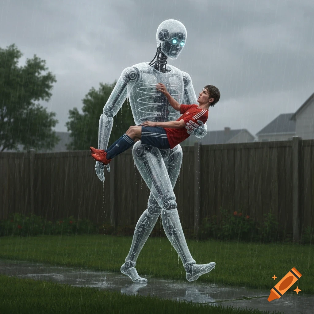 A giant transparent robot carries an exhausted young man in soccer clothes through a suburban backyard on a rainy day.