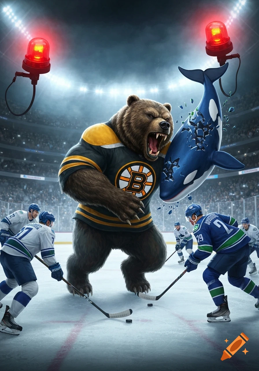 An anthropomorphic Boston Bruins bear mascot on a hockey rink smashes a Vancouver Canucks orca while players skate around.
