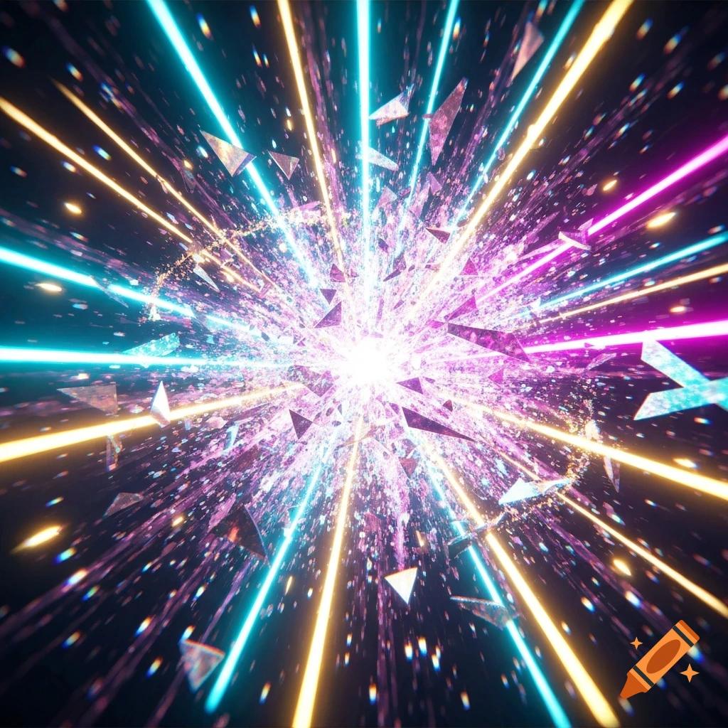 A vibrant abstract explosion of light with cyan, yellow, and magenta rays emanating from a bright white center.