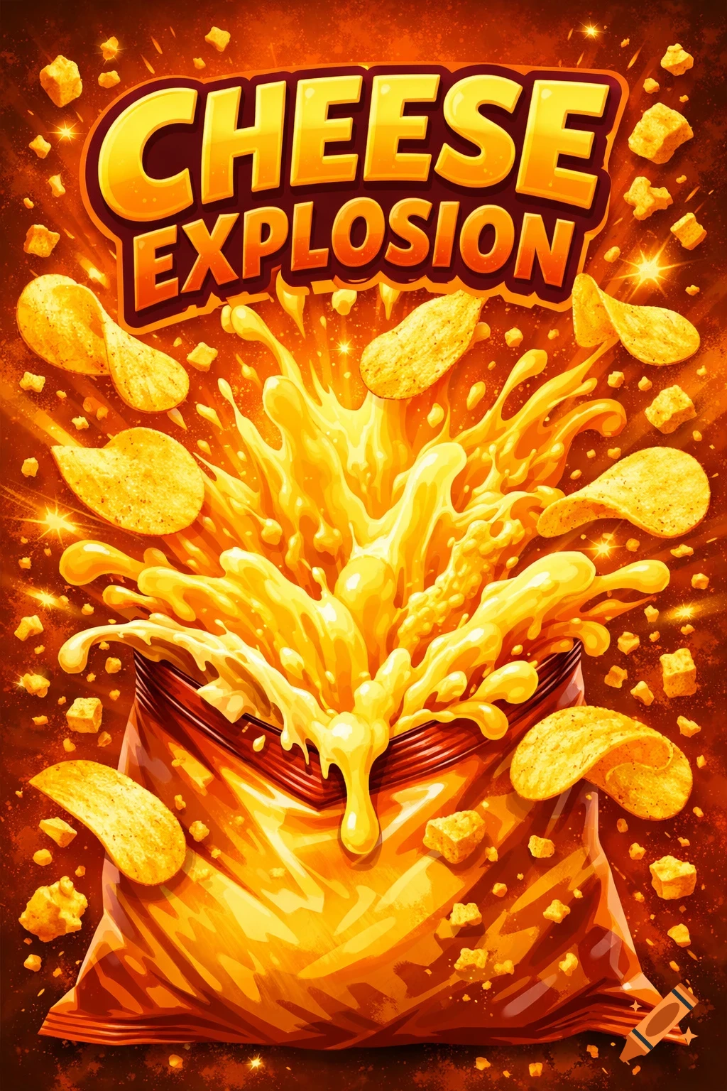 A vibrant illustration of a 'Cheese Explosion' potato chip bag with cheese sauce and chips bursting out against an orange background.