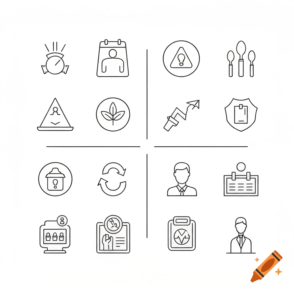 A grid of minimalist line art icons representing concepts like safety, health, environment, and compliance.