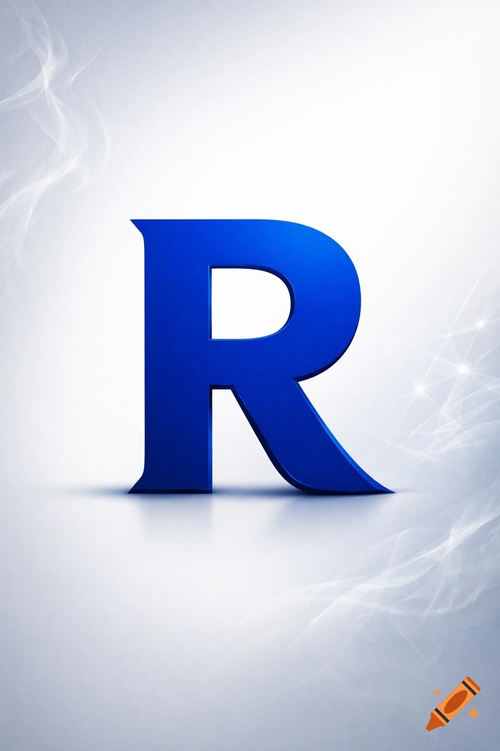A stylized 3D cobalt blue uppercase letter R stands on a white and light gray background with subtle wispy and network patterns.