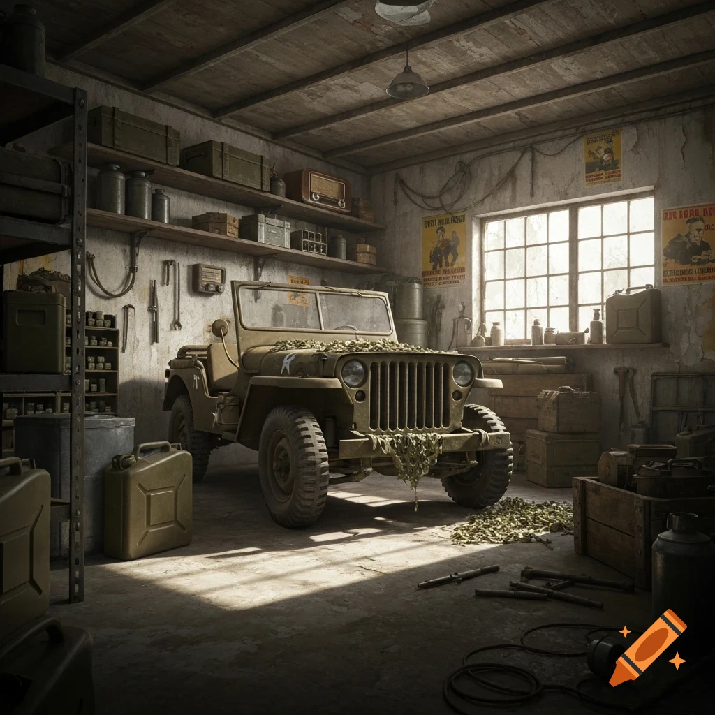 A vintage military jeep covered in camouflage netting, parked in a cluttered, rustic garage with tools and WWII-era posters.