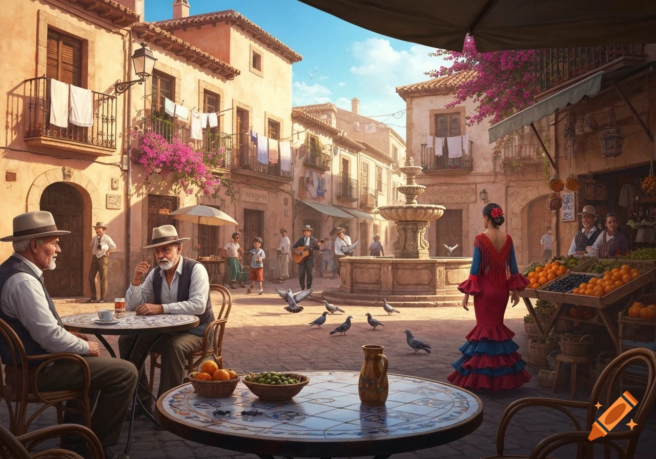 A vibrant, detailed image of a Spanish town square with people dining at outdoor cafes, a central fountain, and market stalls. A woman in a red and blue flamenco dress walks through the square.