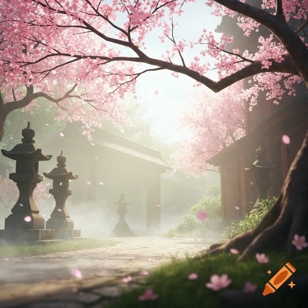 A serene Japanese garden path with blooming pink cherry blossoms, stone lanterns, and traditional buildings in a soft, misty atmosphere.