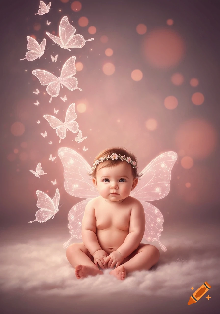 Photorealistic image of a baby wearing a flower crown and pink fairy wings, sitting on fluffy clouds with glowing pink butterflies.