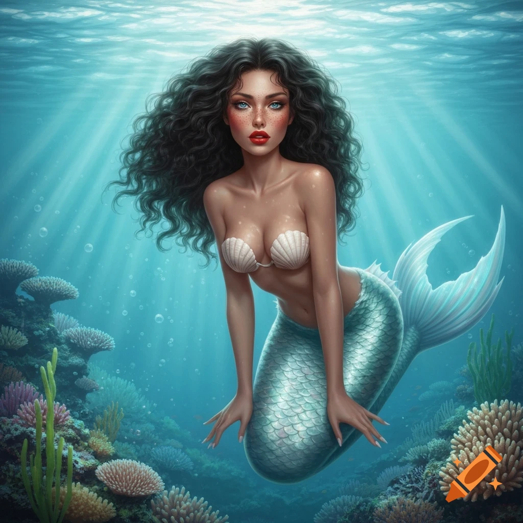 A beautiful mermaid with dark curly hair and a shimmering teal tail swims gracefully in a vibrant coral reef under clear blue ocean water with sunlight.