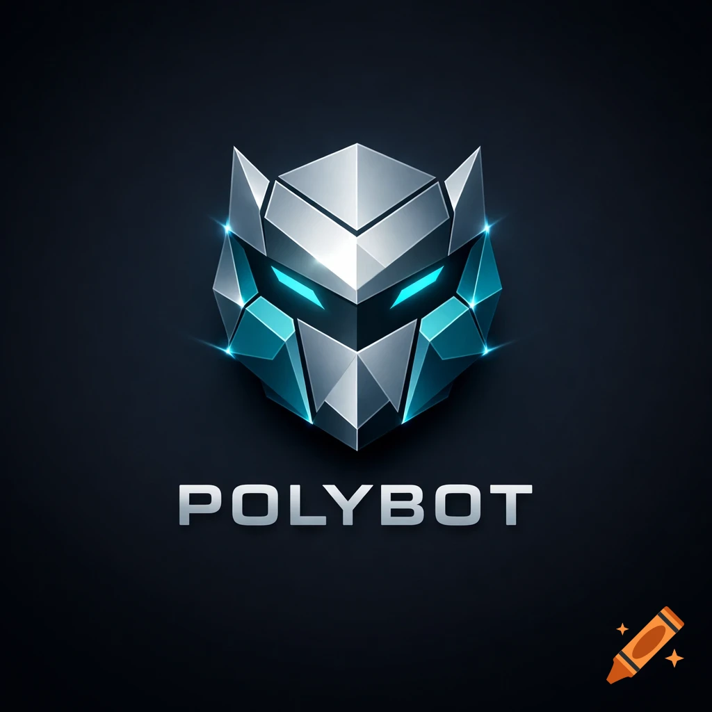 A metallic, geometric logo of a stylized robot or animal head with glowing blue eyes and 'POLYBOT' text on a dark background.