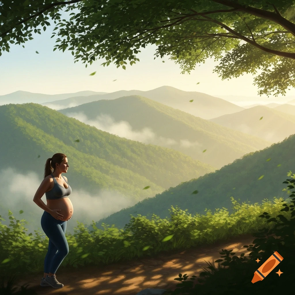 A pregnant woman in a sports bra and leggings stands on a mountain trail, gazing at hazy green mountains under a bright sky.