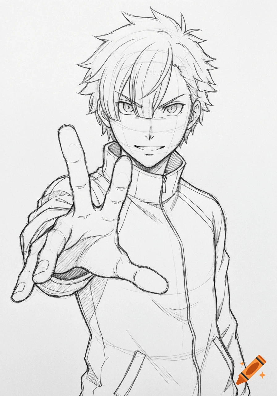 Pencil sketch of an anime boy, Subaru Natsuki, reaching out with a foreshortened hand, confident expression, visible construction lines.