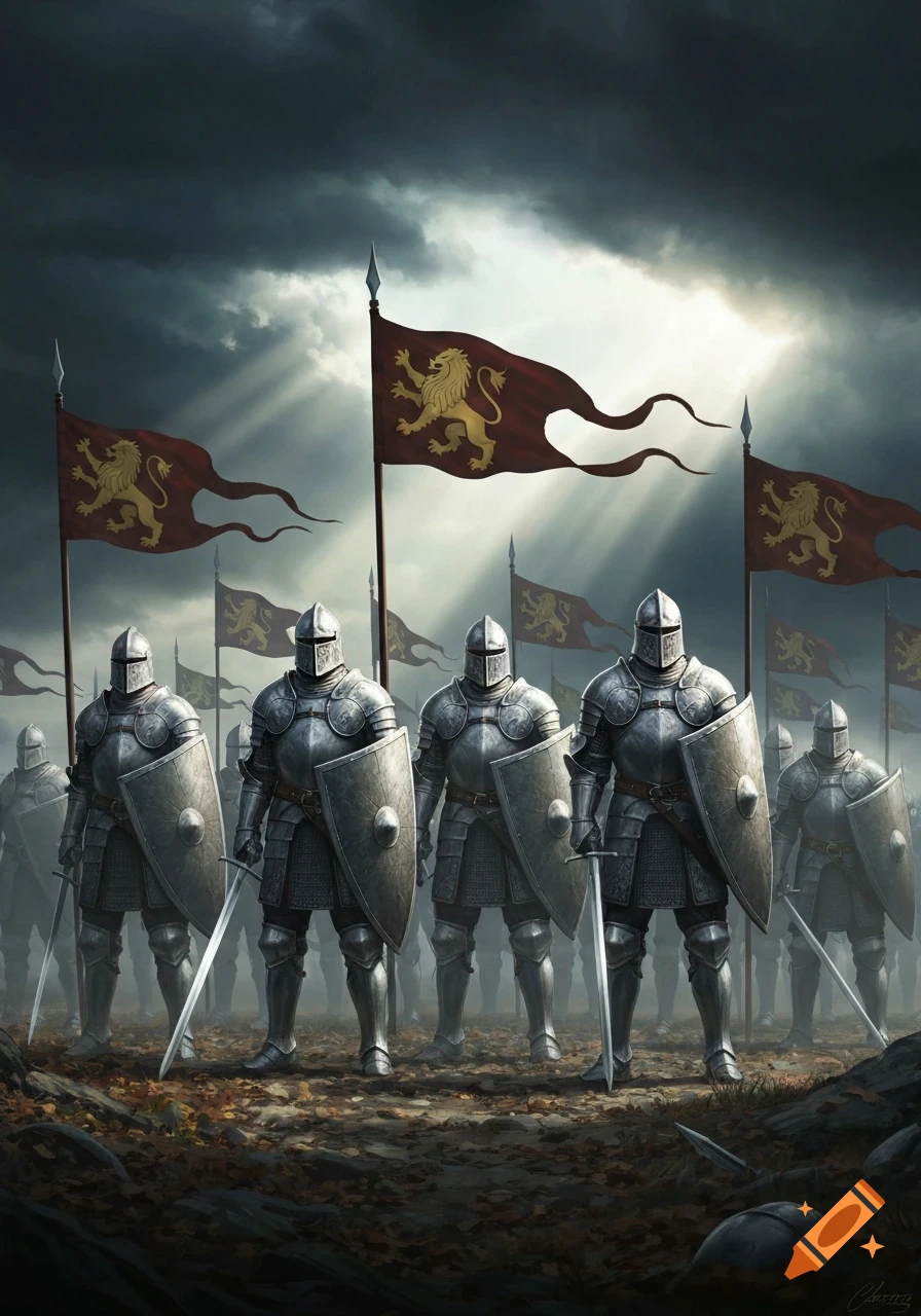 Armored knights in formation on a stormy battlefield with lion-emblazoned flags, sunlight piercing dramatic clouds.