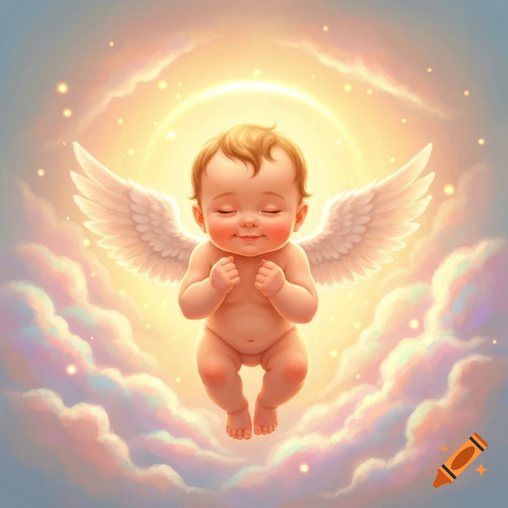 A smiling baby with angel wings floats amidst glowing, soft clouds with sparkling lights.