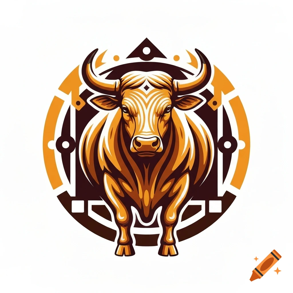 Stylized illustration of a golden bull's head with large horns, centered within a brown and orange geometric emblem on a white background.