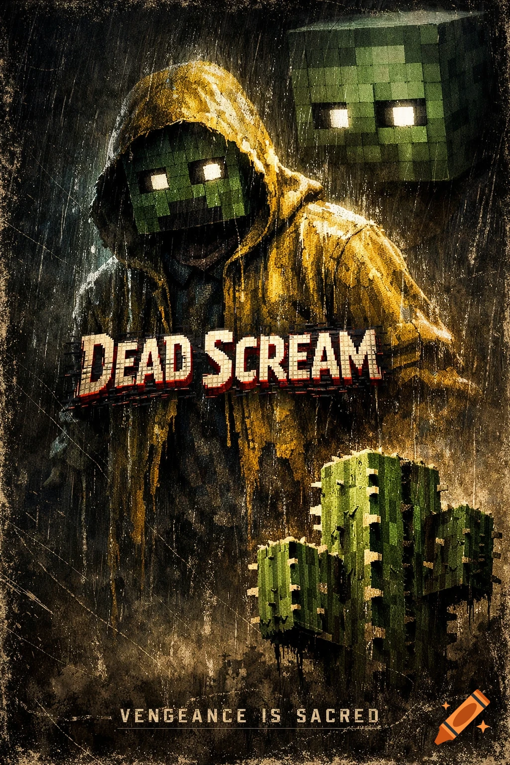 A dark, gritty movie poster for "Dead Scream" featuring a pixelated Minecraft zombie in a yellow raincoat, another zombie head, and a cactus under rain. The tagline is "Vengeance Is Sacred".
