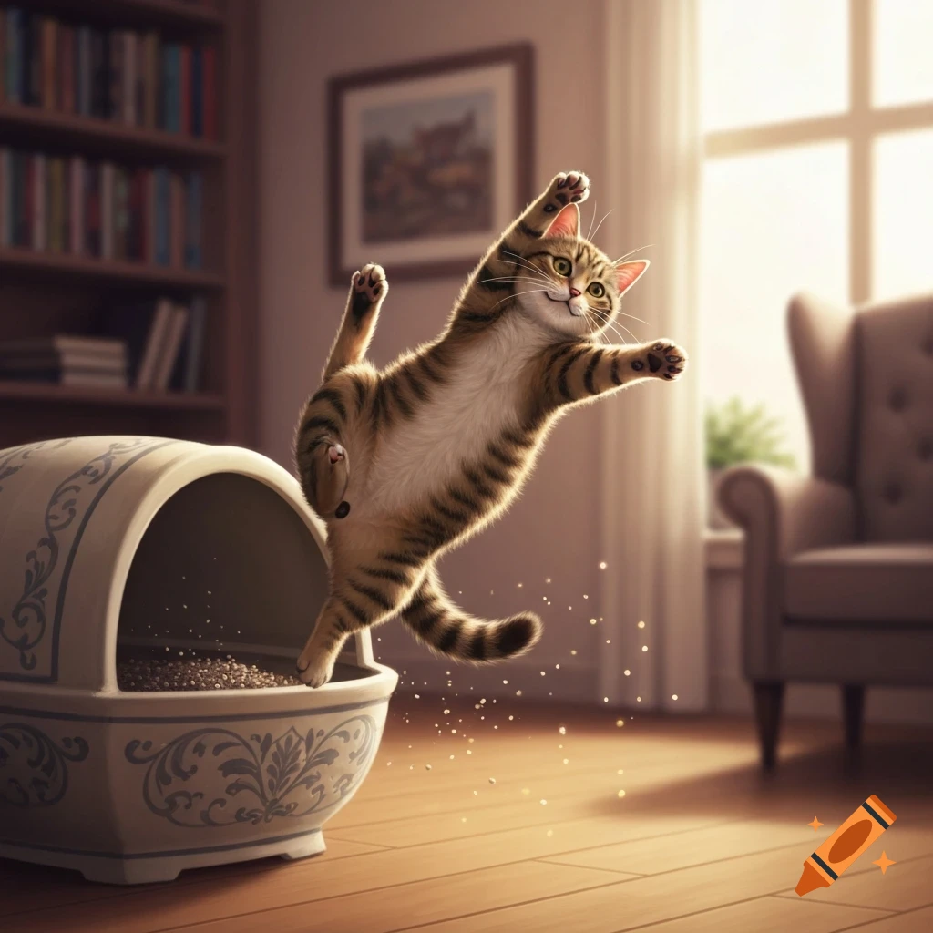 A playful tabby cat leaps out of a decorative litter box, scattering litter, in a bright living room.