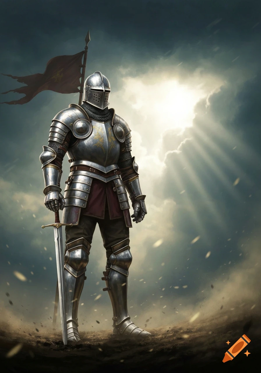 A knight in shining silver armor stands holding a sword on a dusty ...