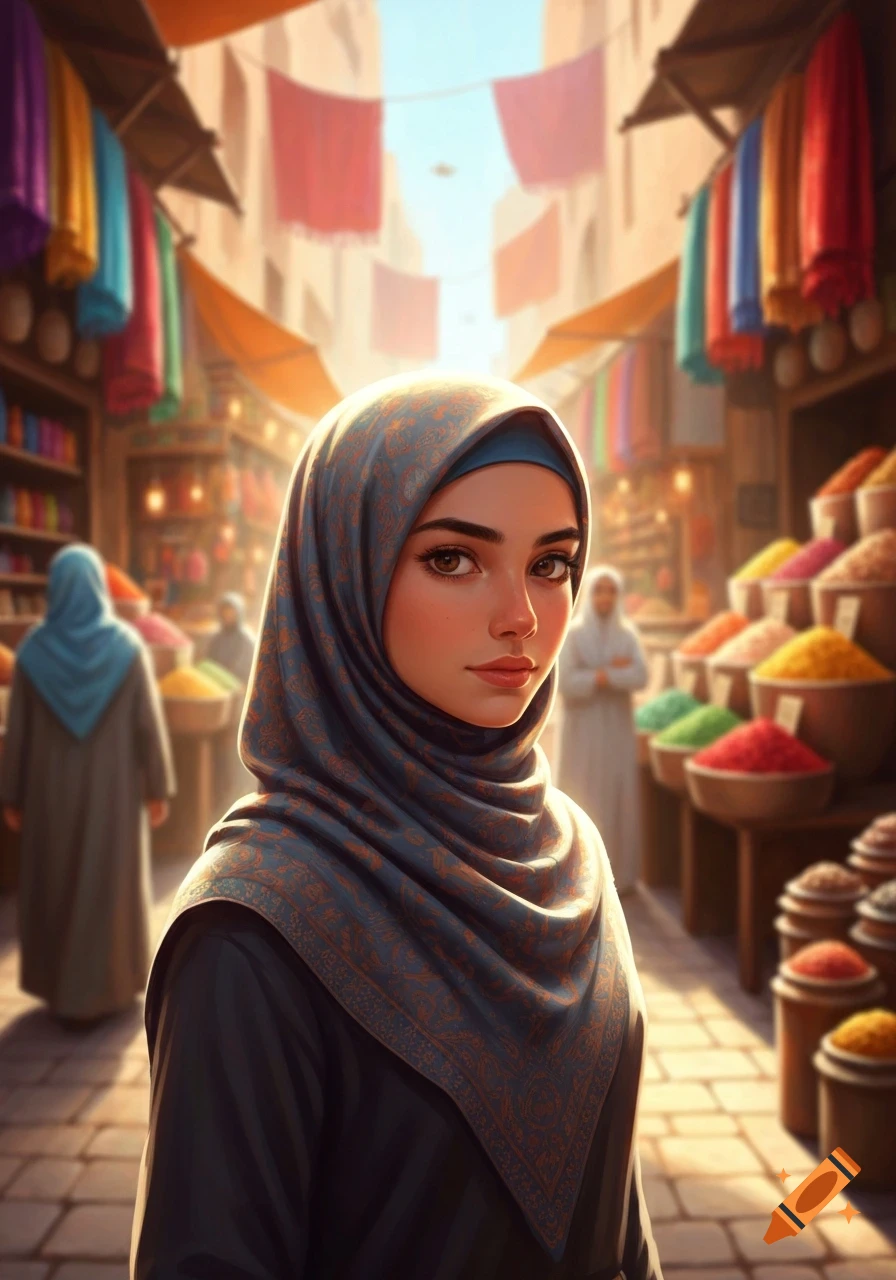 Close-up portrait of a young woman in a patterned blue hijab in a vibrant, sunlit market scene.