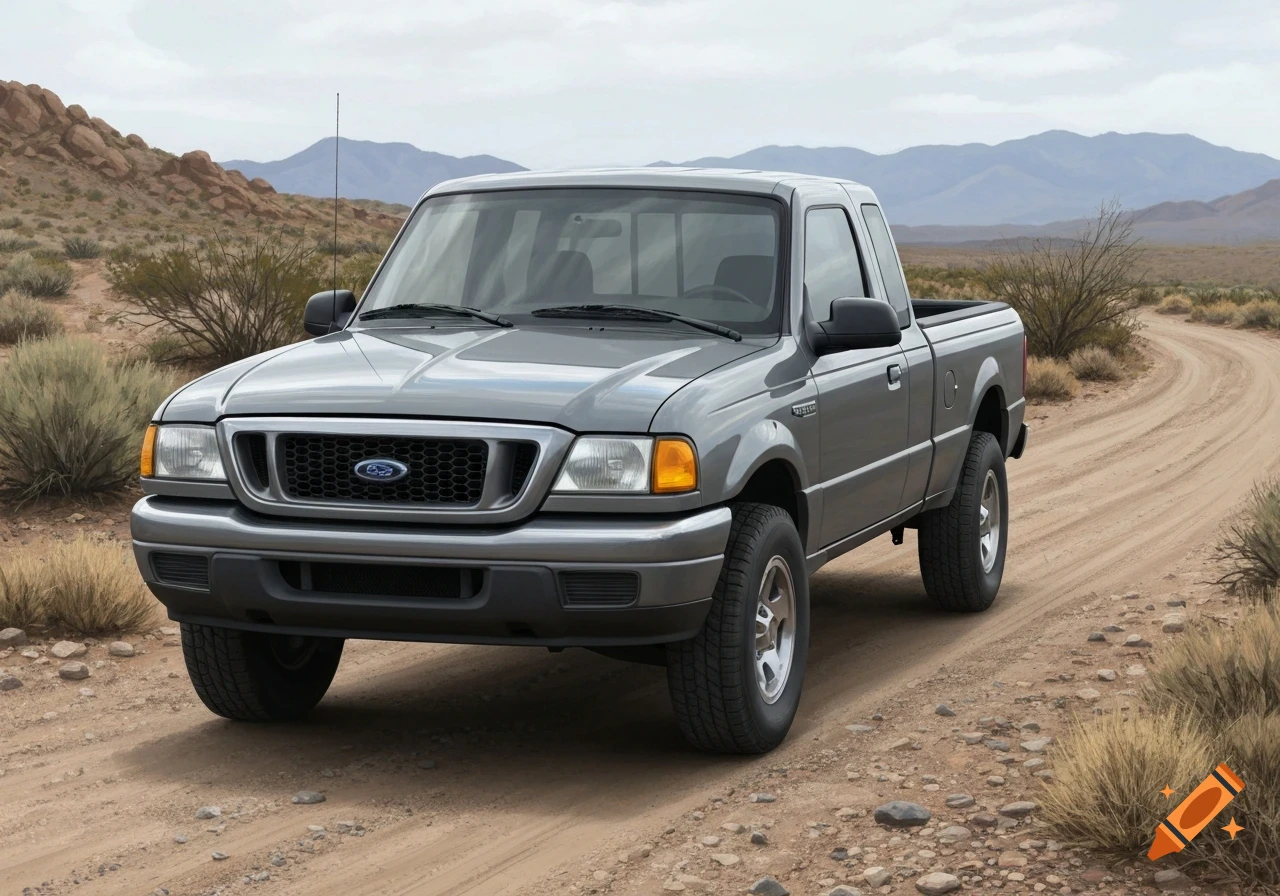 A gray 2000 Ford Ranger pickup truck on a dirt road in a desert with mountains under a cloudy sky.