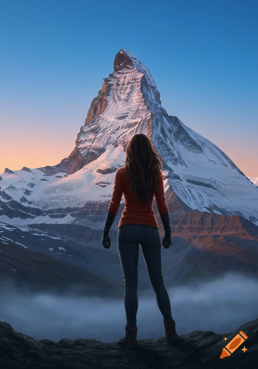 A woman with long brown hair, seen from behind, stands on a rocky outcrop, looking up at a majestic, snow-capped mountain under a clear sky.