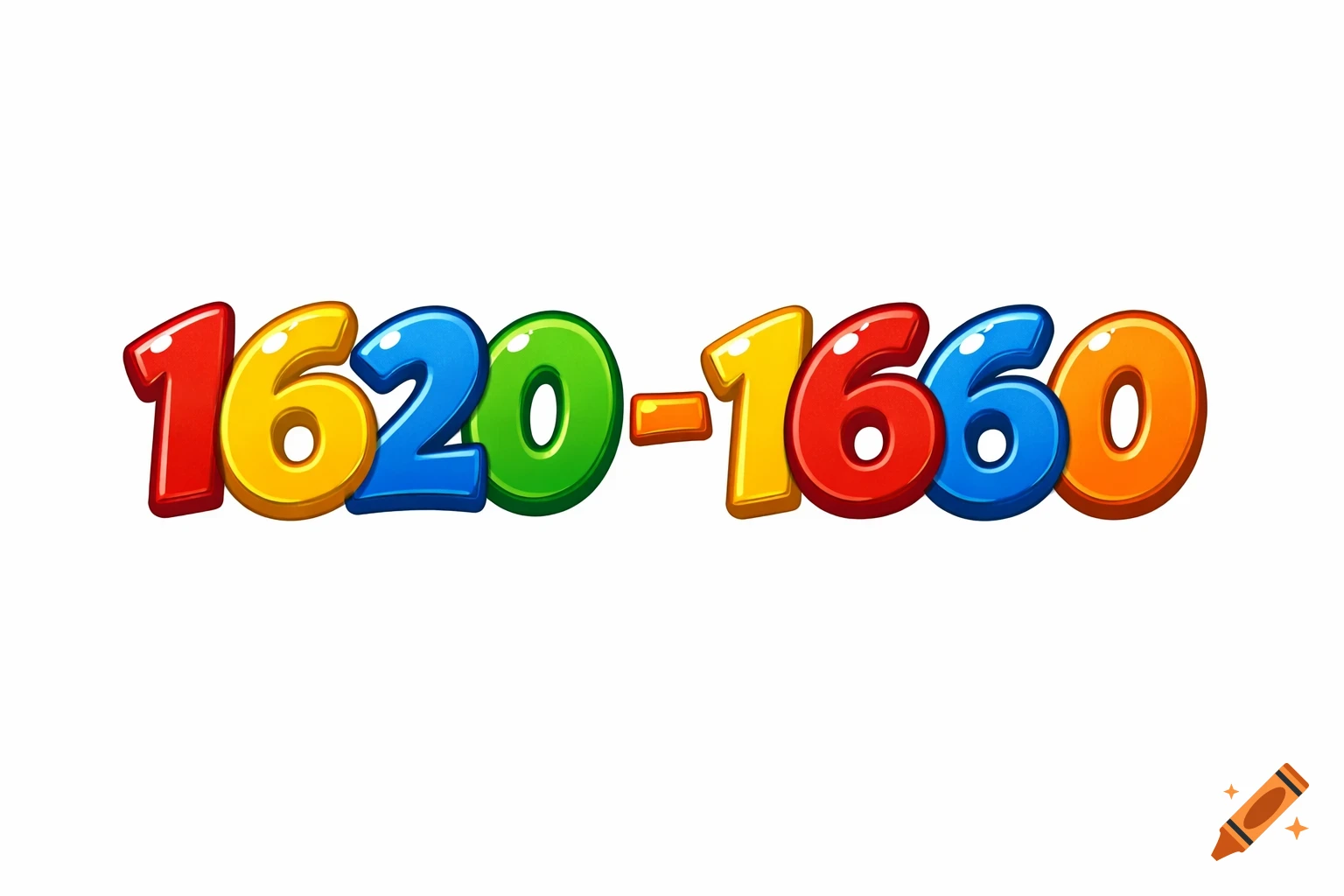 Colorful, glossy cartoon numbers '1620 - 1660' on a white background.