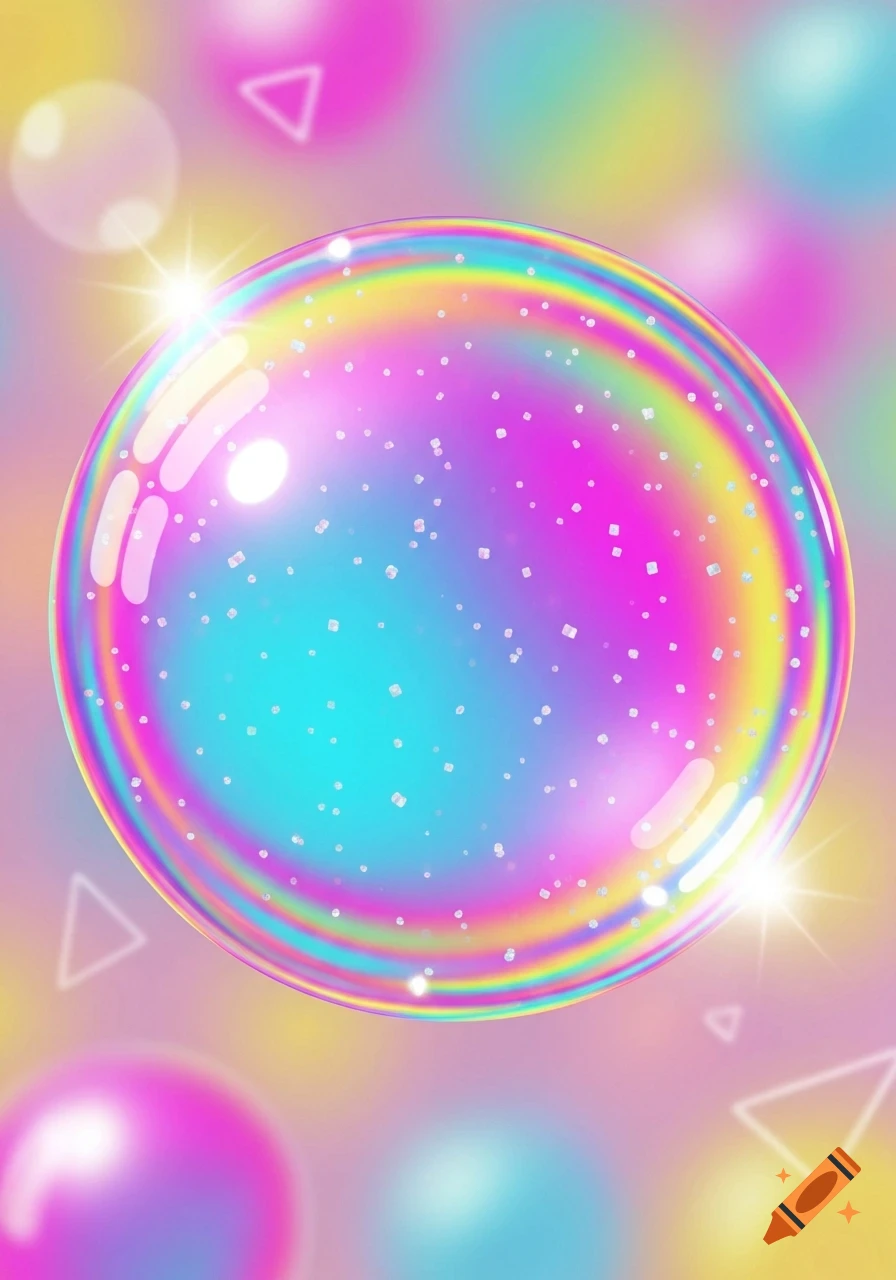 A vibrant, rainbow-colored bubble with sparkles, shining brightly against a soft, colorful background.