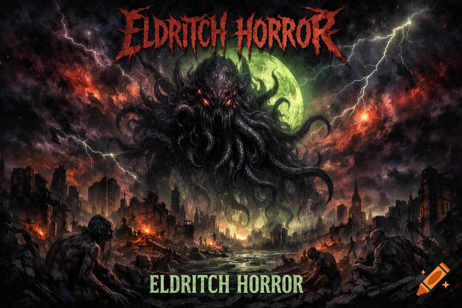 Dark fantasy album cover: Cthulhu-like monster over a lightning-struck ruined city with zombie figures. Text 'ELDRITCH HORROR'.