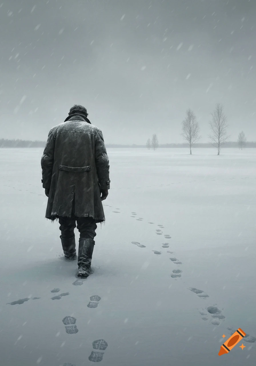 A man in a long coat walks away, leaving footprints in a vast, snow-covered landscape under a grey, snowy sky.