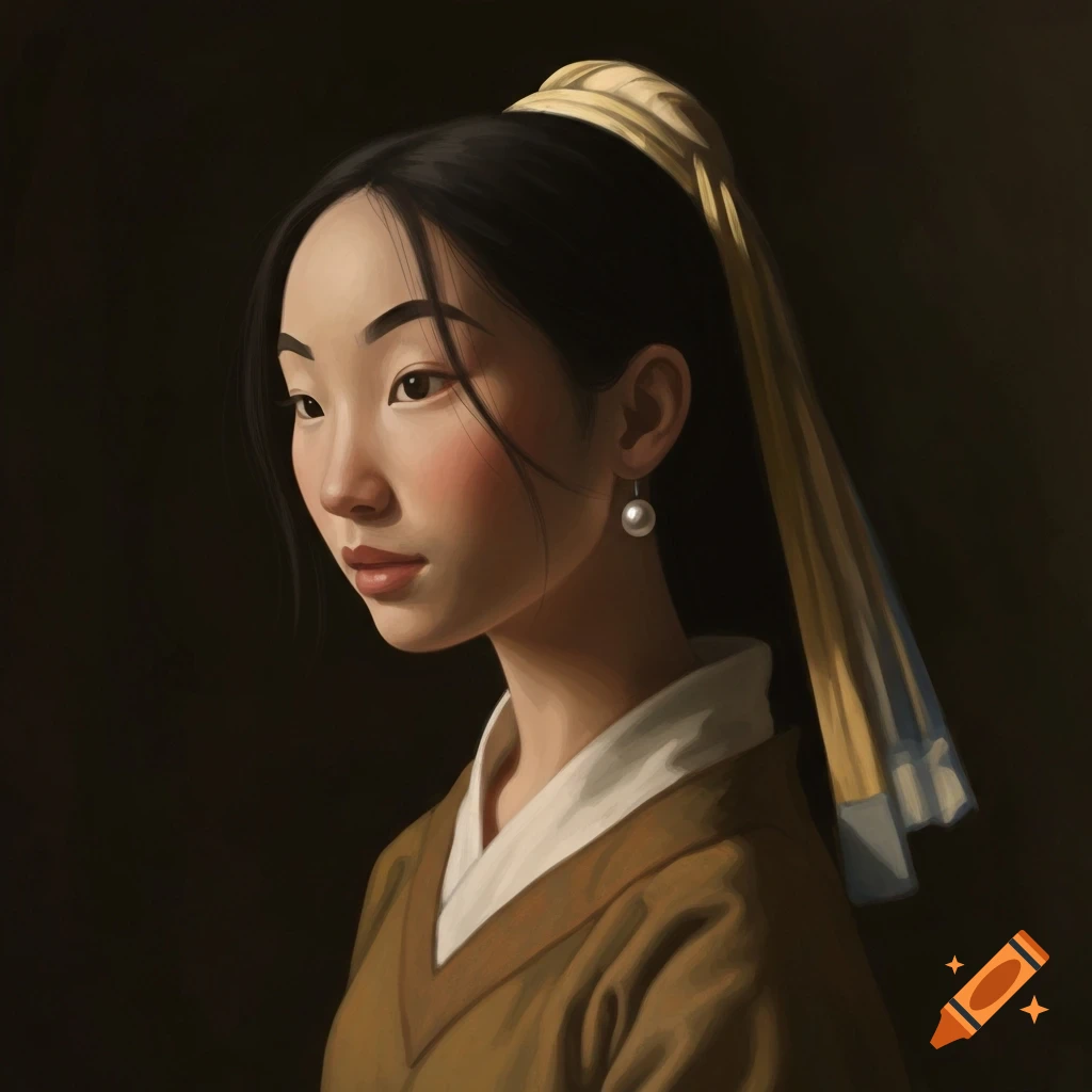 Portrait painting of an East Asian woman wearing a pearl earring and a yellow headscarf against a dark background.