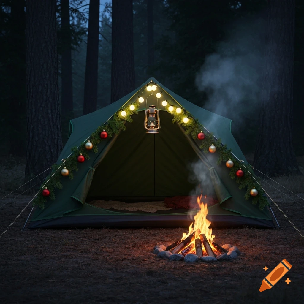 A green camping tent decorated with Christmas lights, garlands, and ornaments in a dark forest, with a bright campfire in front.