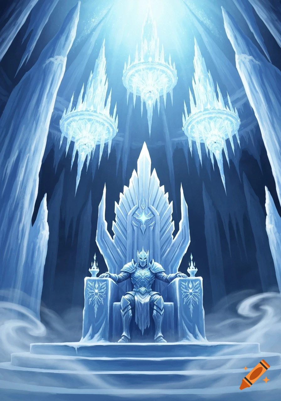 An armored figure sits on an ornate ice throne in a grand, glowing ice cavern with hanging ice chandeliers.