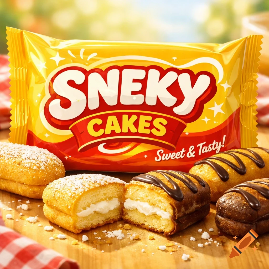 Photorealistic image of a yellow SNEKY CAKES package behind various snack cakes, some cut open with cream filling, on wood.