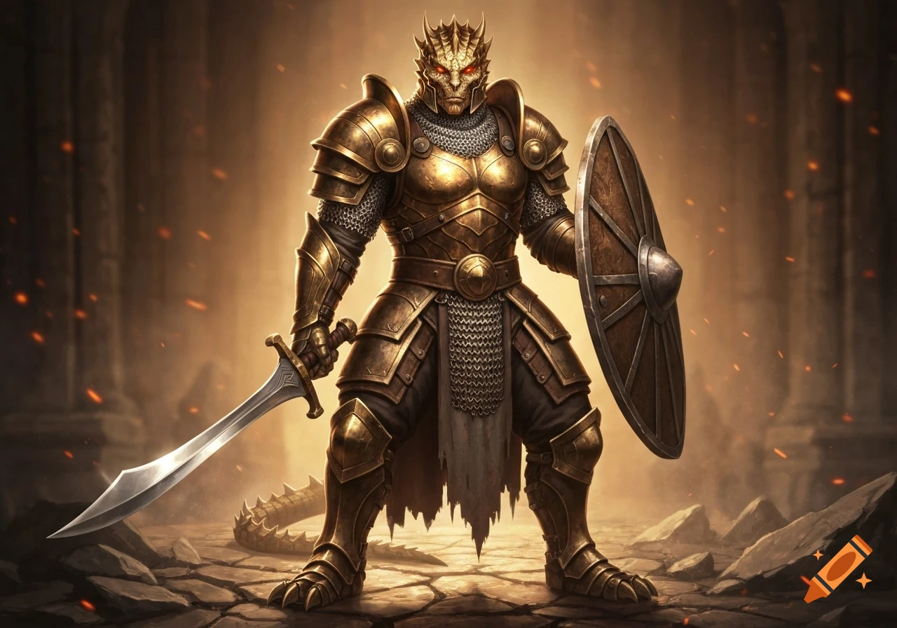 A formidable brass dragonborn fighter in ornate golden armor, holding a scimitar and shield in a fiery ruin.