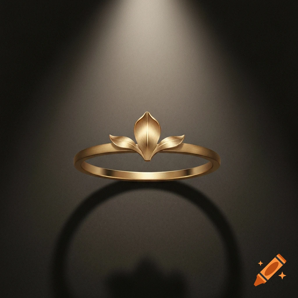 A modern, delicate matte gold ring with a three-leaf iris flower design, subtly lit against a dark background.