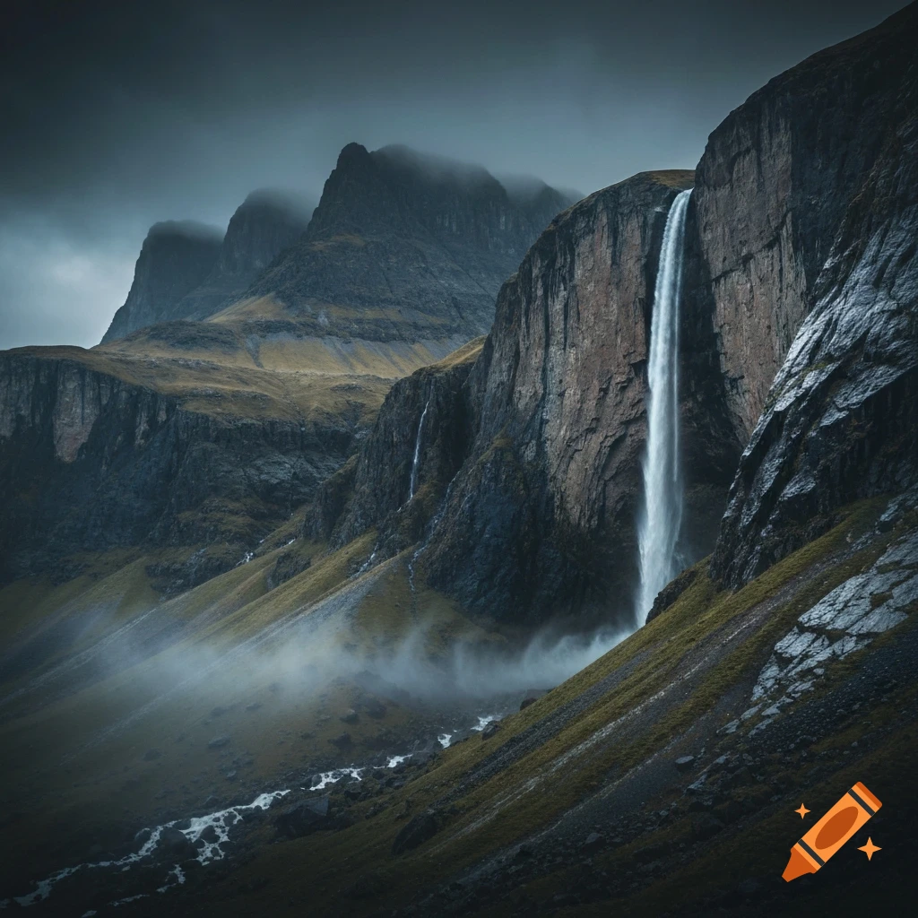 A dramatic, misty mountain landscape with a tall waterfall cascading down a sheer cliff face, and smaller waterfalls flowing down grassy slopes.