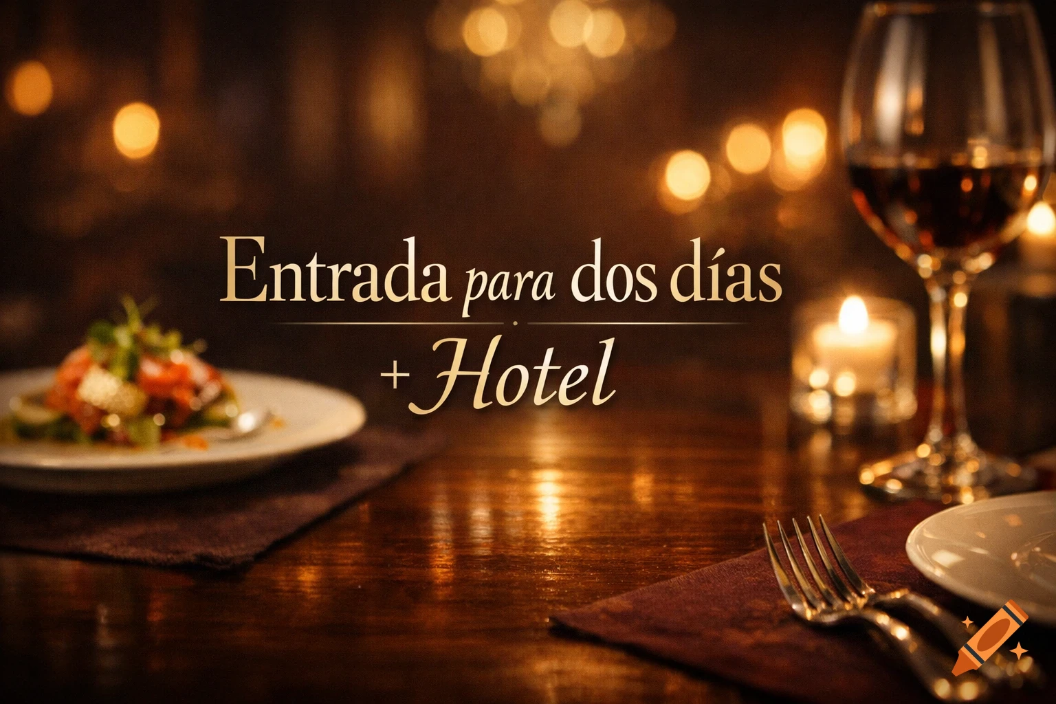 A warmly lit restaurant table with a plate of food, a wine glass, cutlery, and text 'Entrada para dos días + Hotel'.