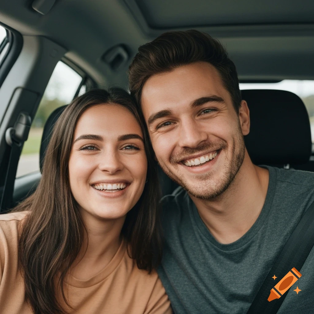 Photorealistic selfie of a happy young couple smiling brightly in a car.