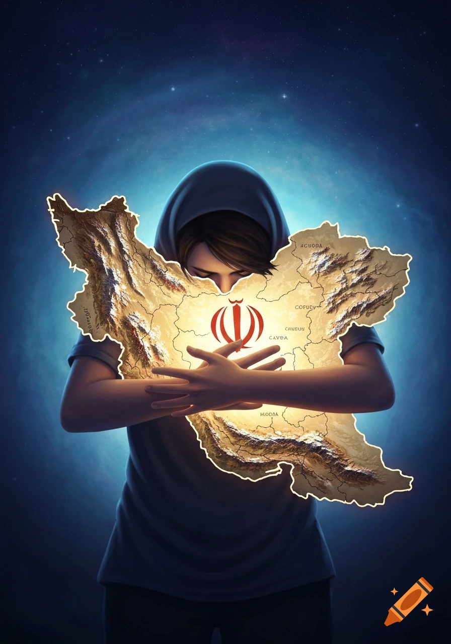 A hooded figure embraces a glowing, textured map of Iran with its national emblem, set against a starry sky.