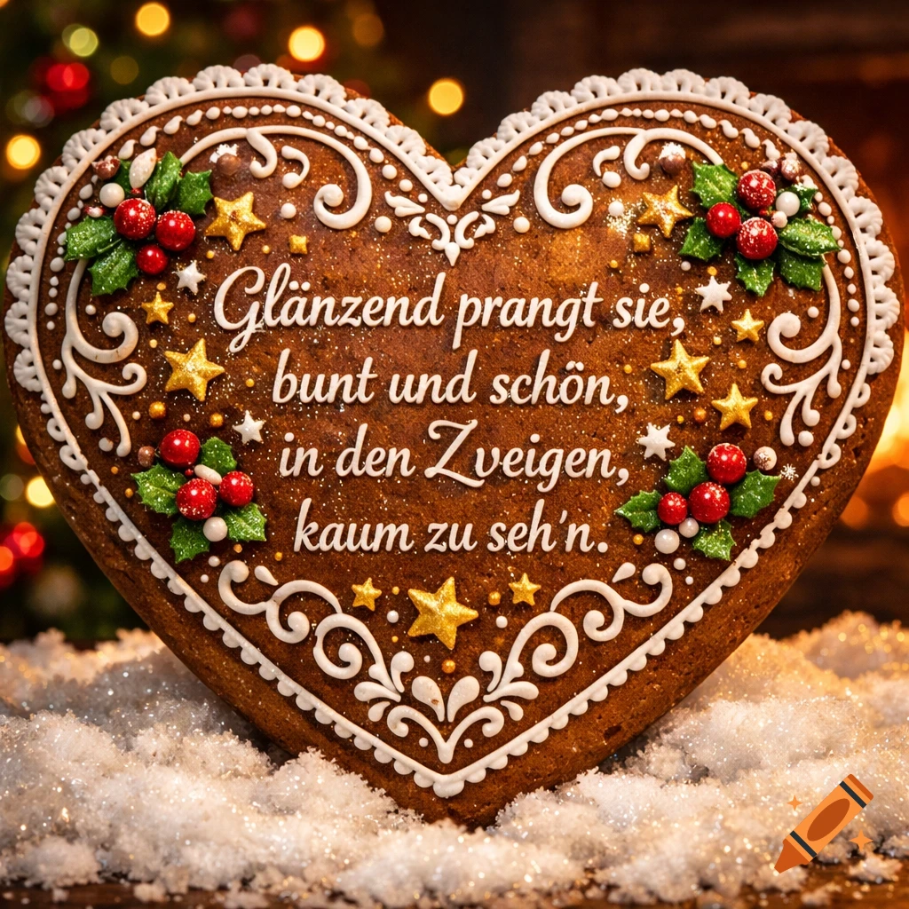 A festive gingerbread heart decorated with white icing, red berries, green leaves, and golden stars, sitting in snow with blurred Christmas lights in the background.