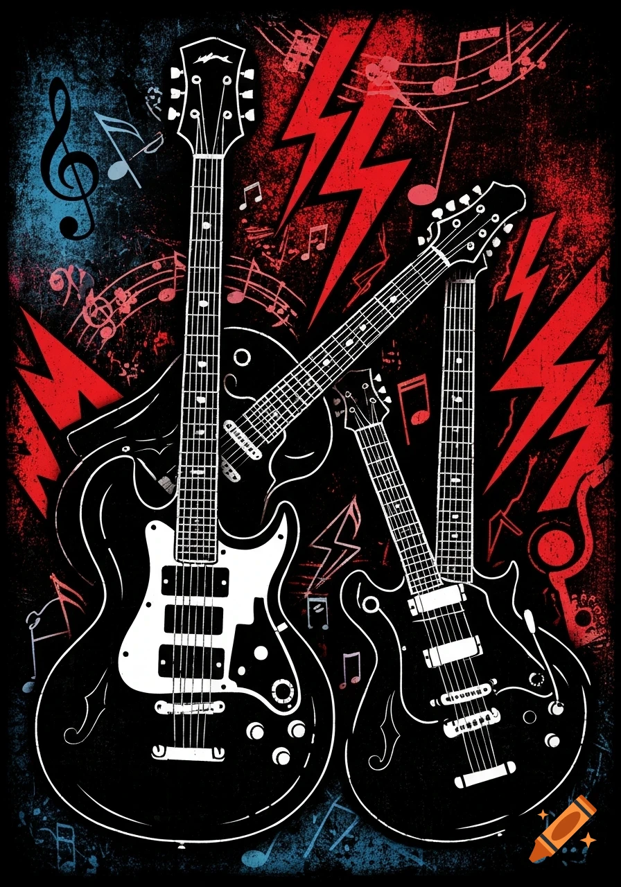 A stylized illustration featuring black and white electric guitars amidst musical notes and red lightning bolts on a distressed black and blue background.